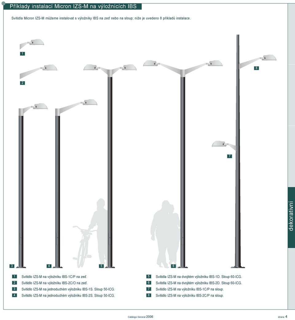 Svítidlo IZS-M na výložníku IBS-C/O na zeï. 6 Svítidla IZS-M na dvojitém výložníku IBS-D. Sloup 60-ICG. 3 Svítidlo IZS-M na jednoduchém výložníku IBS-S.