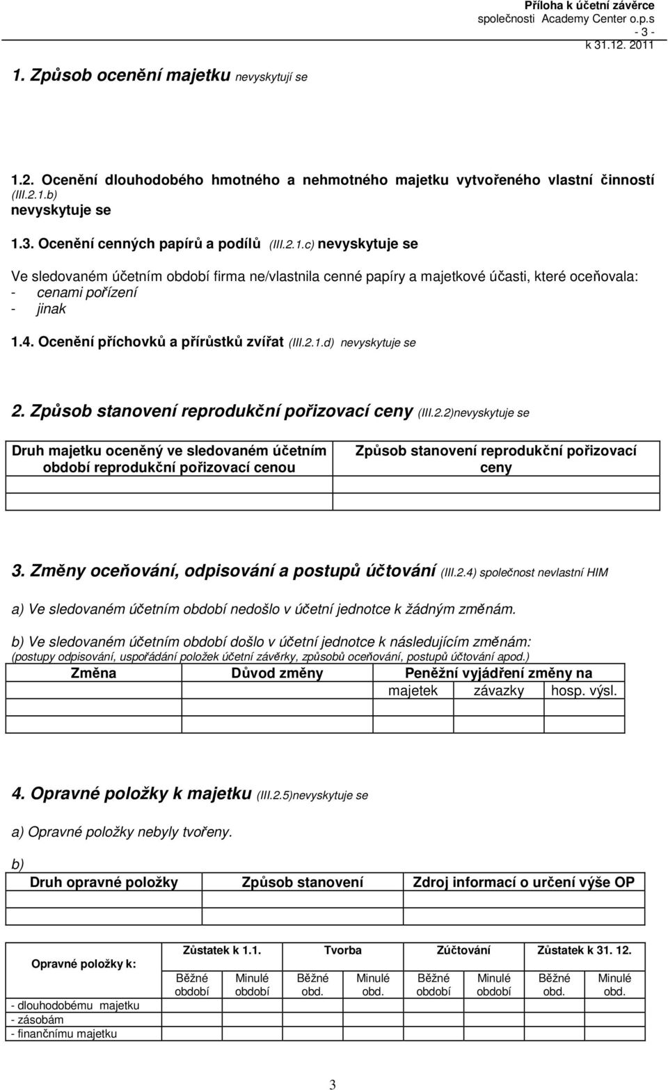 Způsob stanovení reprodukční pořizovací ceny (III.2.2)nevyskytuje se Druh majetku oceněný ve sledovaném účetním reprodukční pořizovací cenou Způsob stanovení reprodukční pořizovací ceny 3.