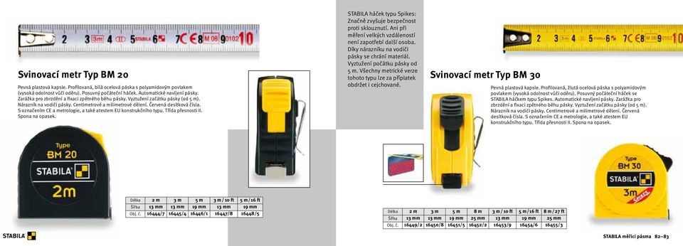 Proilovaná, bílá ocelová páska s polyamidovým povlakem (vysoká odolnost vůči oděru). Posuvný počáteční háček. Automatické navíjení pásky. Zarážka pro zbrzdění a ixaci zpětného běhu pásky.