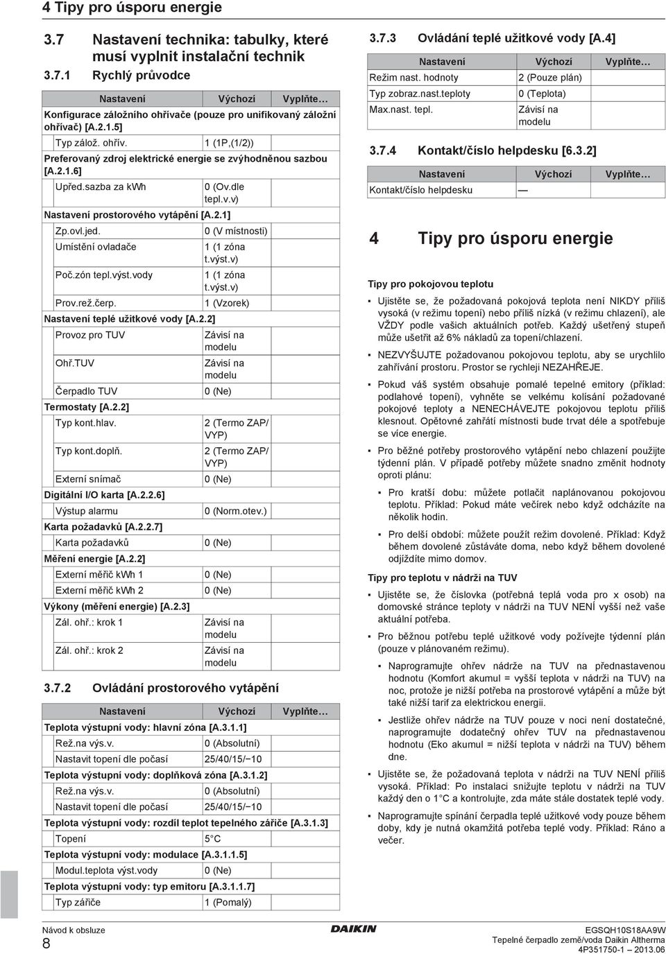 Umístění ovladače Poč.zón tepl.výst.vody Prov.rež.čerp. Nastavení teplé užitkové vody [A.2.2] Provoz pro TUV Ohř.TUV Čerpadlo TUV Termostaty [A.2.2] Typ kont.hlav. Typ kont.doplň.