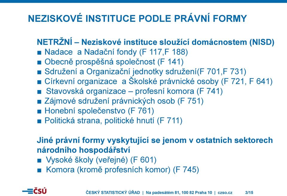 Zájmové sdružení právnických osob (F 751) Honební společenstvo (F 761) Politická strana, politické hnutí (F 711) Jiné právní formy vyskytující se jenom v ostatních