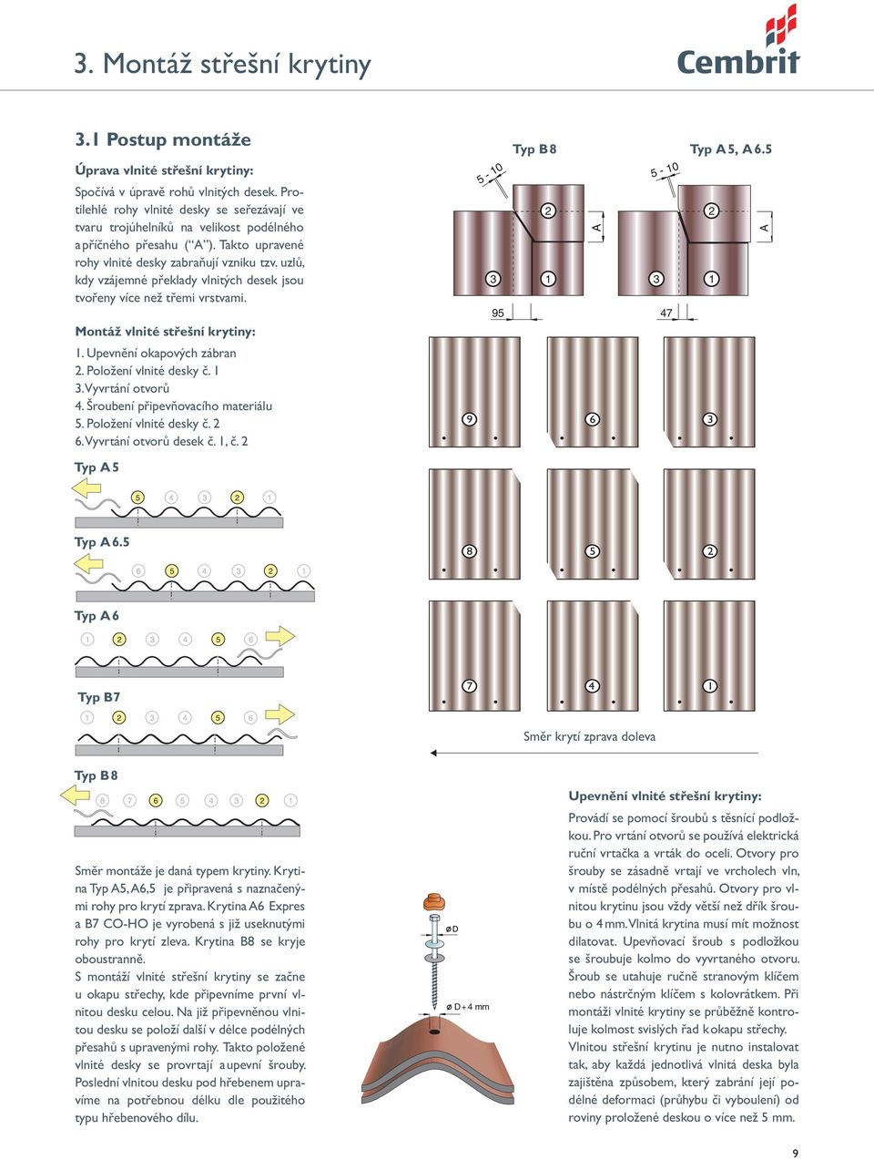 uzl, kdy vzájemné peklady vlnitých desek jsou tvoeny více než temi vrstvami. Montáž vlnité střešní krytiny: 5-10 3 95 Typ B 8 2 1 5-10 3 47 Typ A 5, A 6.5 2 1 1. Upevnní okapových zábran 2.