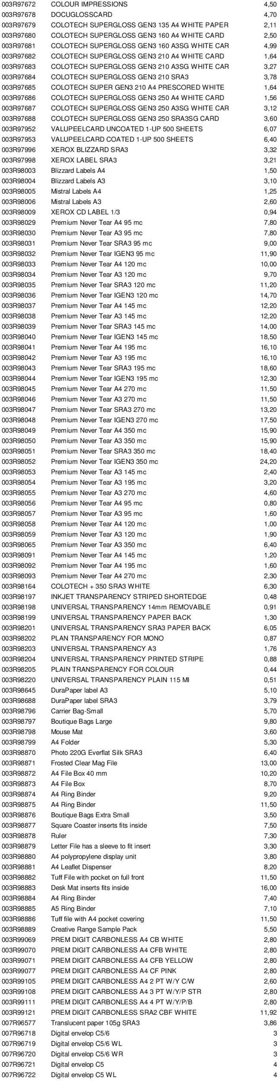 SRA3 3,78 003R97685 COLOTECH SUPER GEN3 210 A4 PRESCORED WHITE 1,64 003R97686 COLOTECH SUPERGLOSS GEN3 250 A4 WHITE CARD 1,56 003R97687 COLOTECH SUPERGLOSS GEN3 250 A3SG WHITE CARD 3,12 003R97688