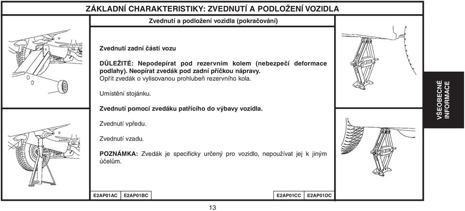 Opřít zvedák o vylisovanou prohlubeň rezervního kola. Umístění stojánku. Zvednutí pomocí zvedáku patřícího do výbavy vozidla.