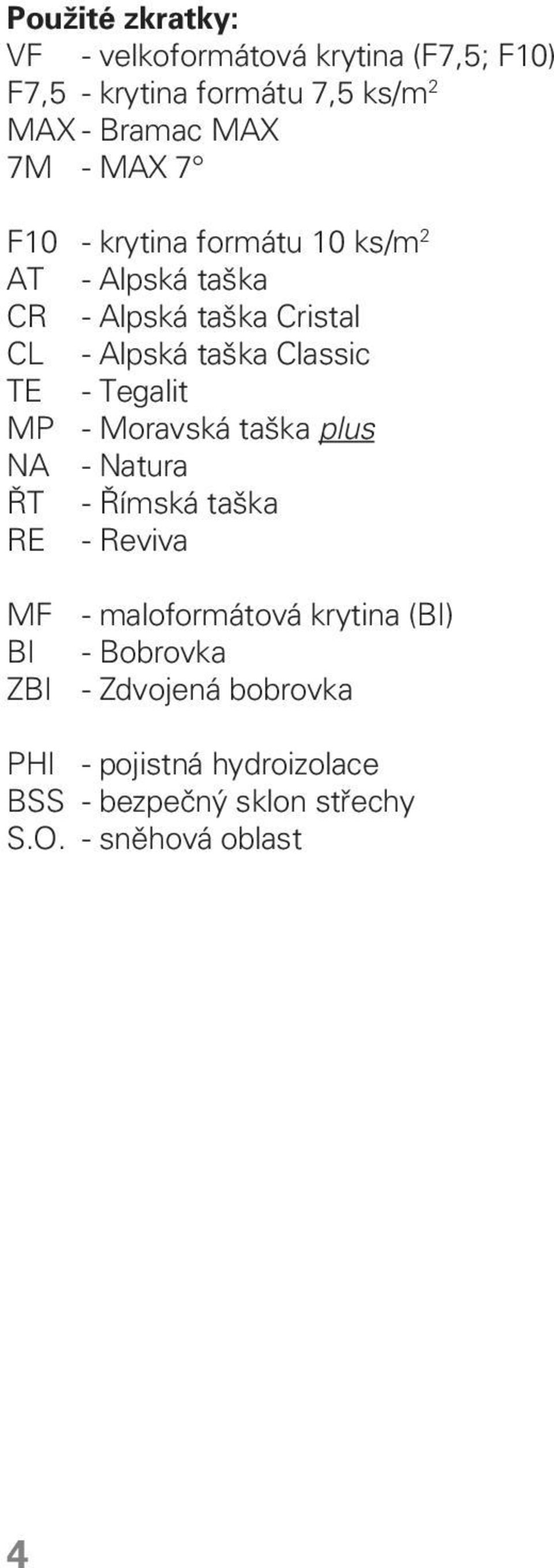 Tegalit MP - Moravská taška plus NA - Natura ŘT - Římská taška RE - Reviva MF - maloformátová krytina (BI) BI -