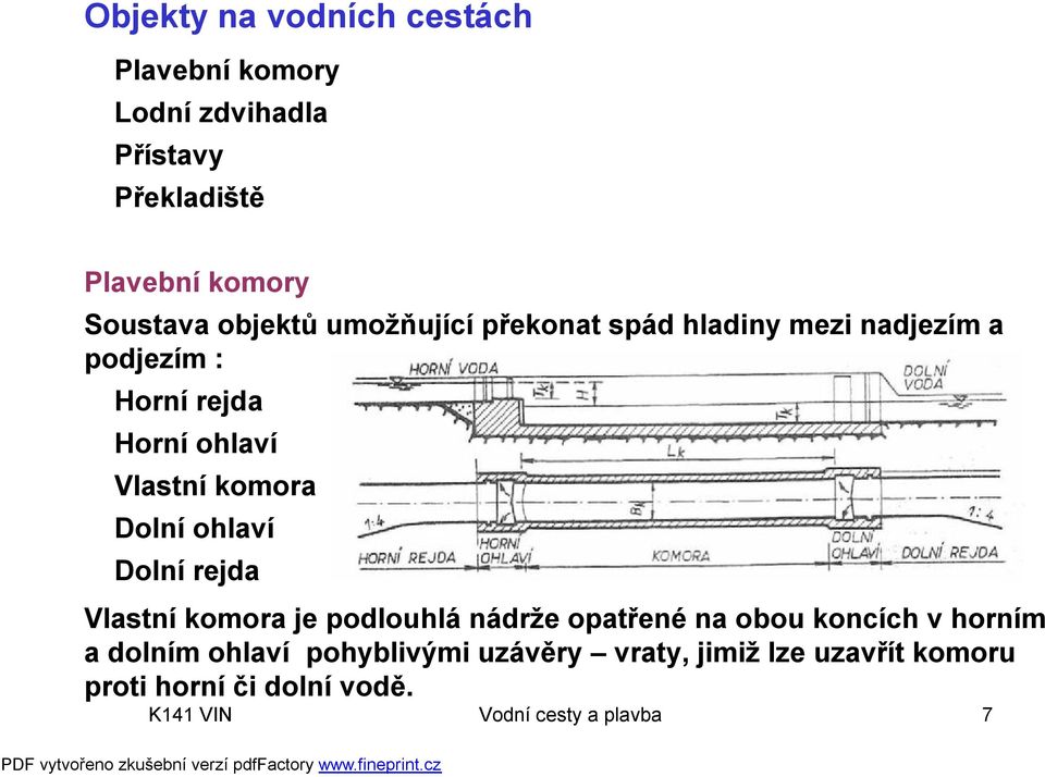 Dolní ohlaví Dolní rejda Vlastní komora je podlouhlá nádrže opatřené na obou koncích v horním a dolním