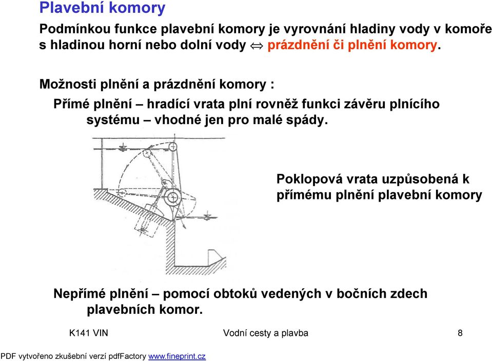 Možnosti plnění a prázdnění komory : Přímé plnění hradící vrata plní rovněž funkci závěru plnícího systému