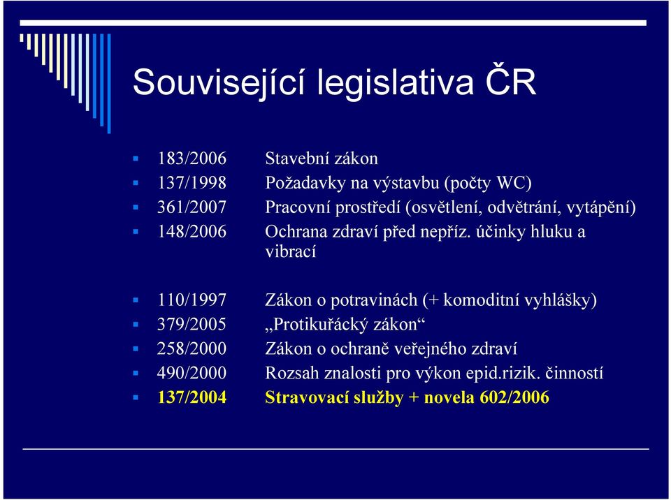 účinky hluku a vibrací 110/1997 Zákon o potravinách (+ komoditní vyhlášky) 379/2005 Protikuřácký zákon