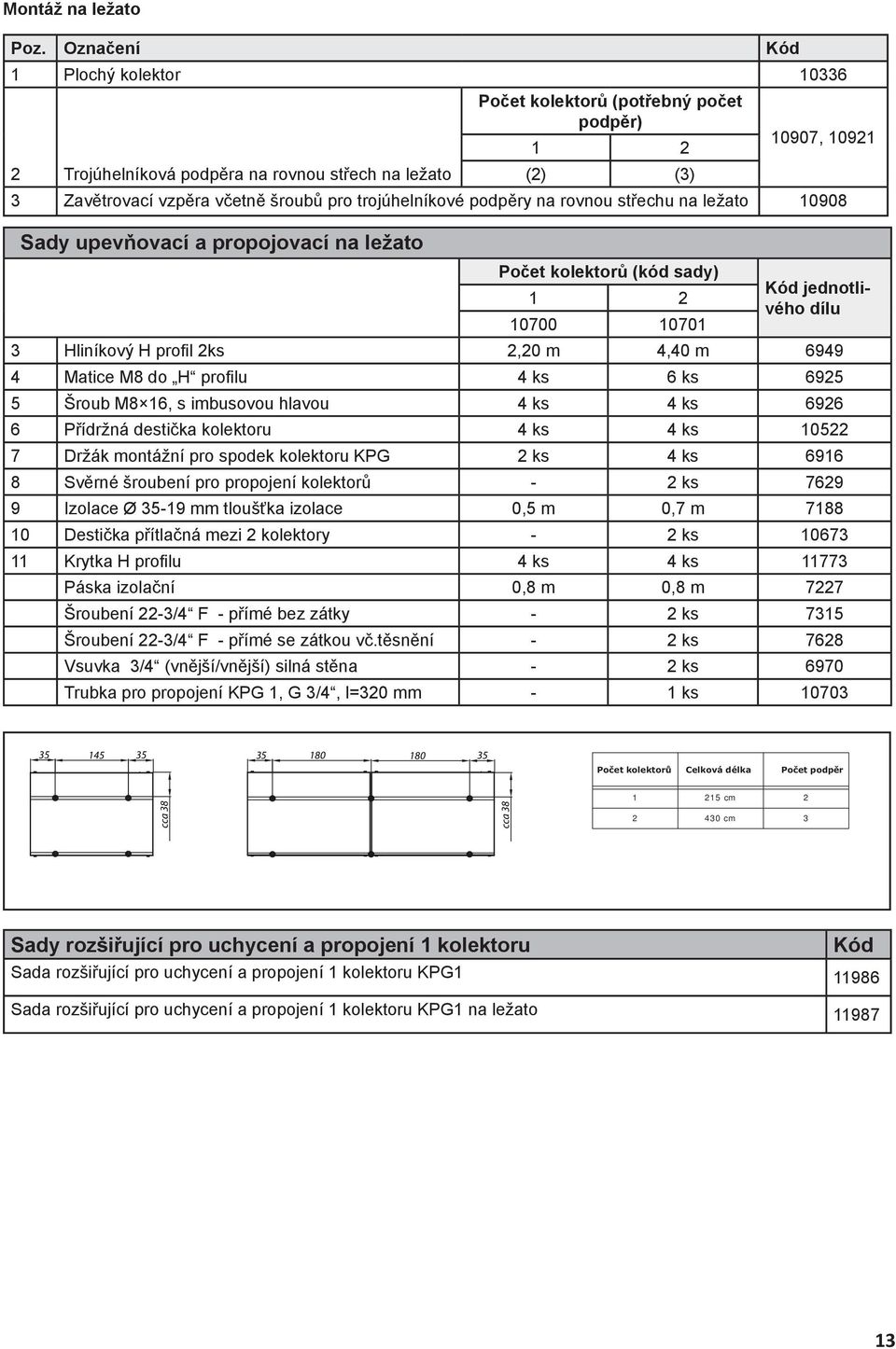 upevňovací a propojovací na ležato Počet kolektorů (potřebný počet podpěr) 1 2 10907, 10921 Počet kolektorů (kód sady) Kód jednotlivého dílu 1 2 10700 10701 3 Hliníkový H profi l 2ks 2,20 m 4,40 m