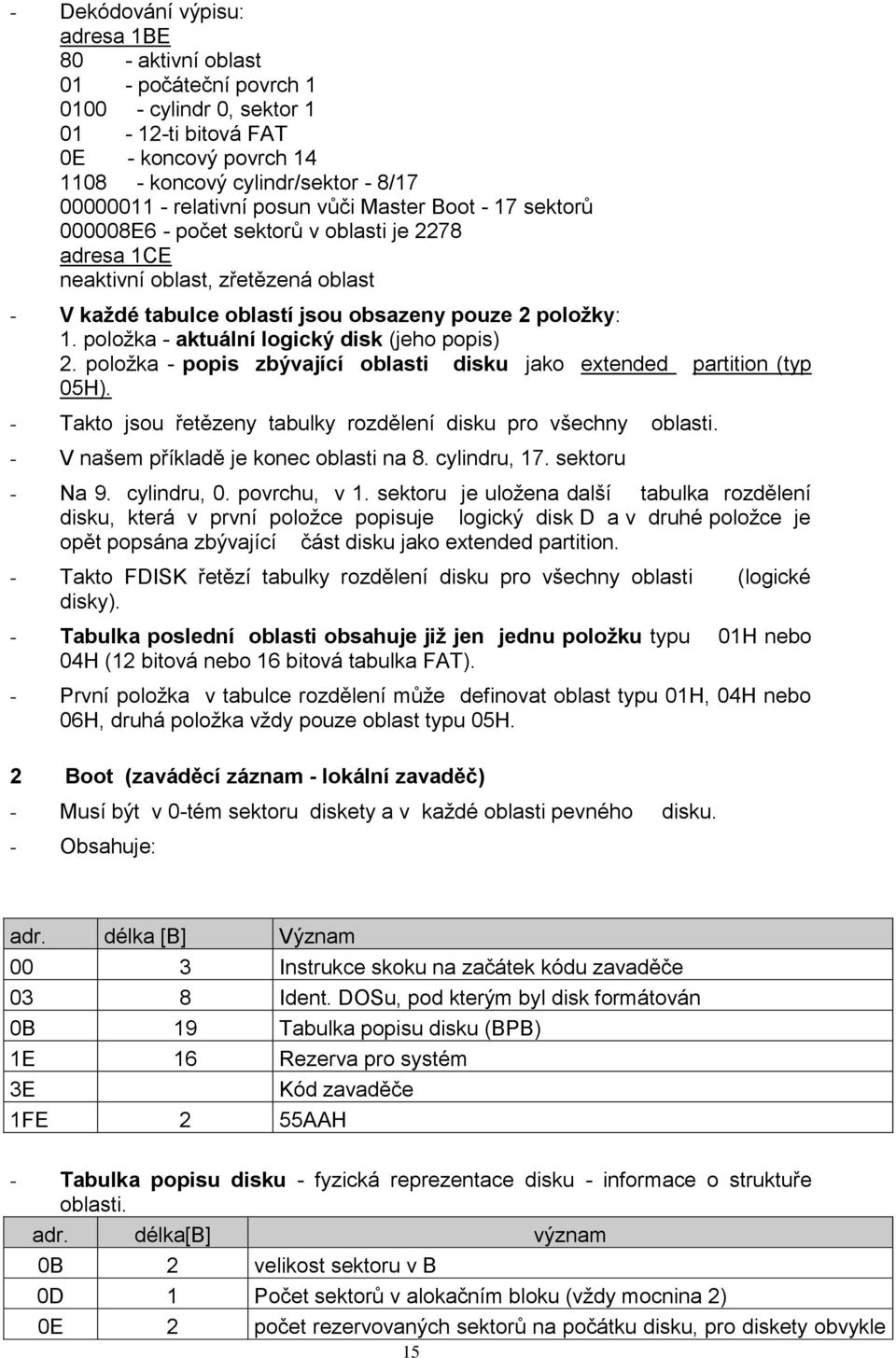 položka - aktuální logický disk (jeho popis) 2. položka - popis zbývající oblasti disku jako extended partition (typ 05H). - Takto jsou řetězeny tabulky rozdělení disku pro všechny oblasti.