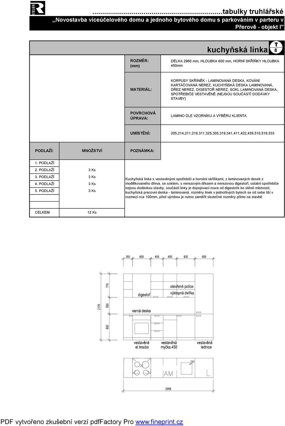 3 Ks 3 Ks 3 Ks 3 Ks Kuchyňská linka s vestavěnými spotřebiči a horními skříňkami, z laminovaných desek z modifikovaného dřeva, se soklem, s nerezovým dřezem a nerezovou digestoří, ostatní spotřebiče