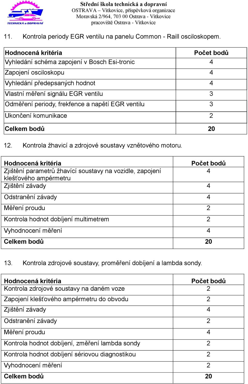 napětí EGR ventilu 3 Ukončení komunikace 2 Celkem bodů 20 12. Kontrola žhavicí a zdrojové soustavy vznětového motoru.