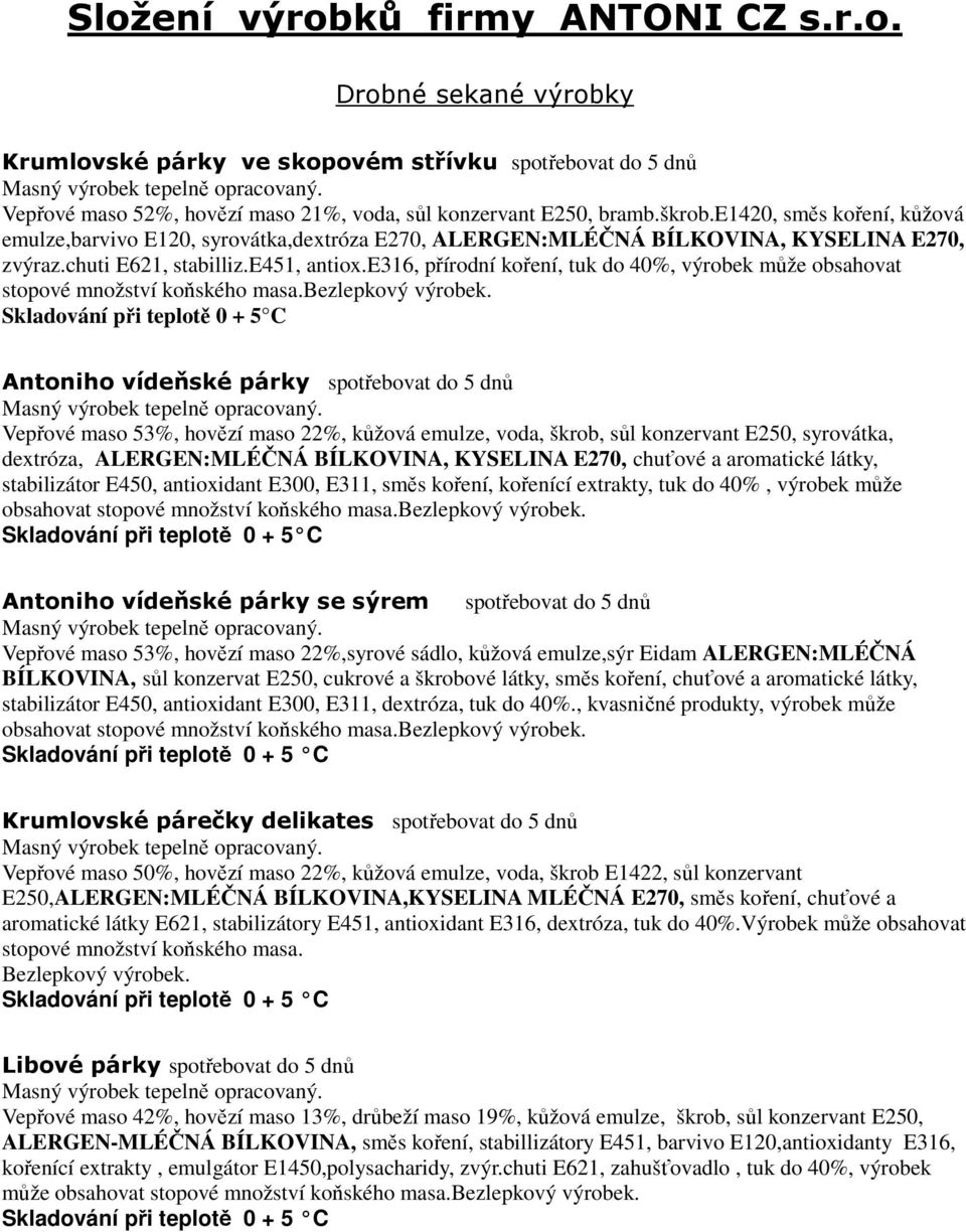 e316, přírodní koření, tuk do 40%, výrobek může obsahovat stopové množství koňského masa.