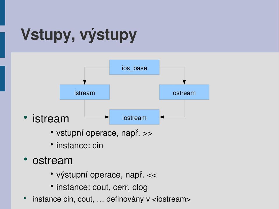 >> ostream instance: cin výstupní operace, např.