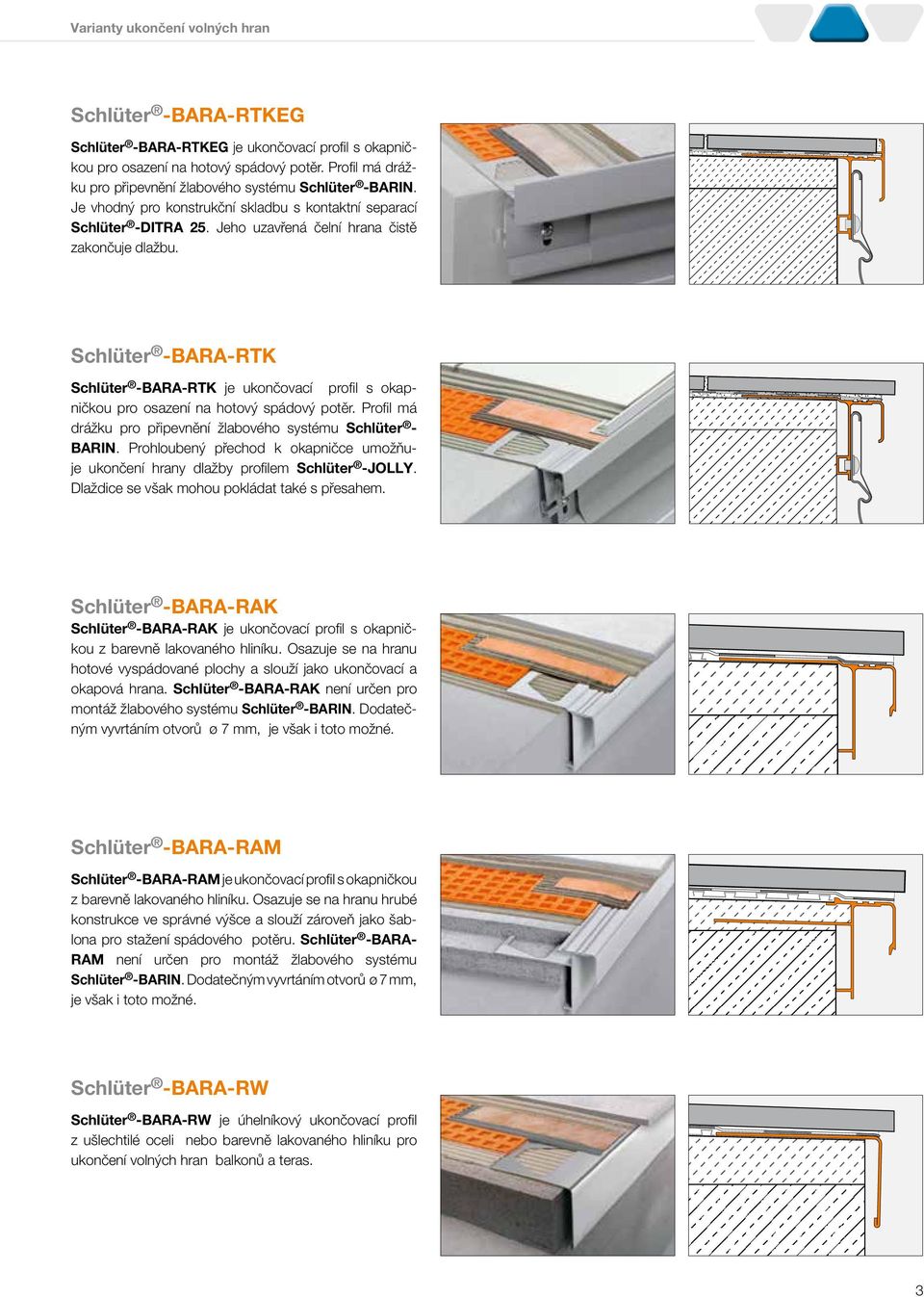 Schlüter -BARA-RTK Schlüter -BARA-RTK je ukončovcí profil s okpničkou pro oszení n hotový spádový potěr. Profil má drážku pro připevnění žlbového systému Schlüter - BARIN.