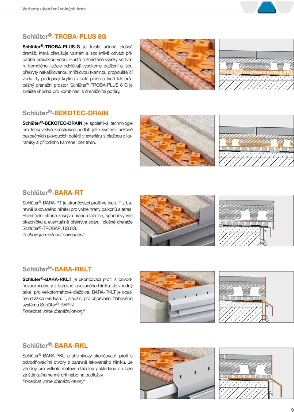Ty podepírjí krytinu v celé ploše tvoří tk průběžný drenážní prostor. Schlüter -TROBA-PLUS 8 G je zvláště vhodná pro kombinci s drenážními potěry.