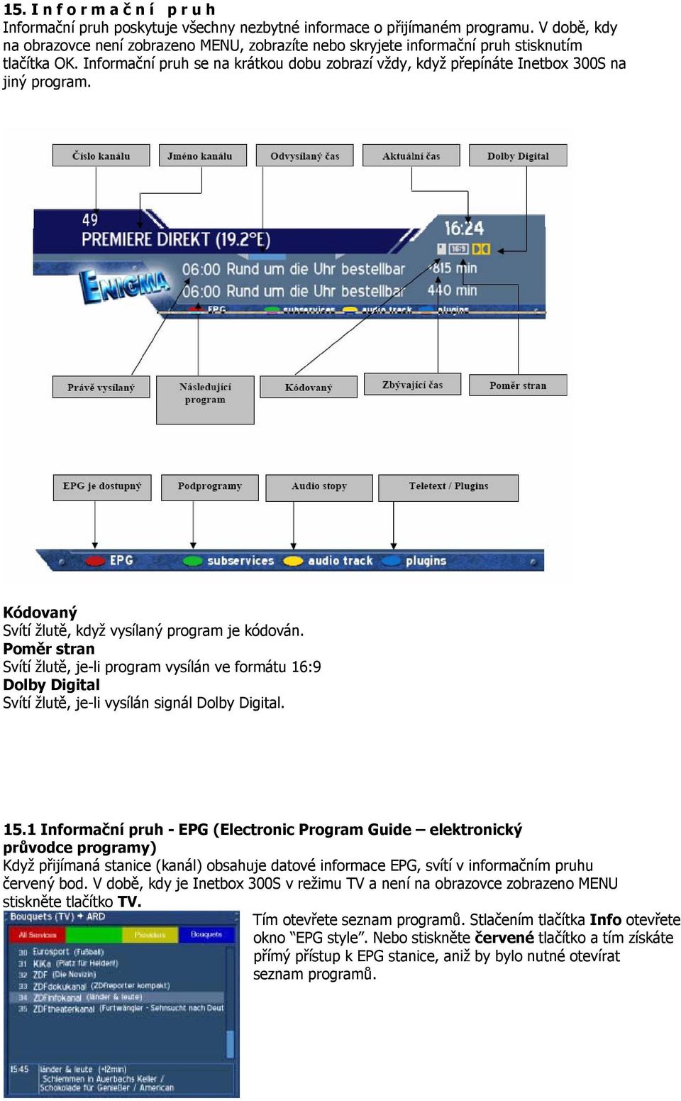 Informační pruh se na krátkou dobu zobrazí vždy, když přepínáte Inetbox 300S na jiný program. Kódovaný Svítí žlutě, když vysílaný program je kódován.