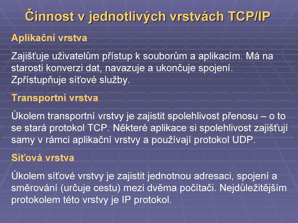 Transportní vrstva Úkolem transportní vrstvy je zajistit spolehlivost přenosu o to se stará protokol TCP.