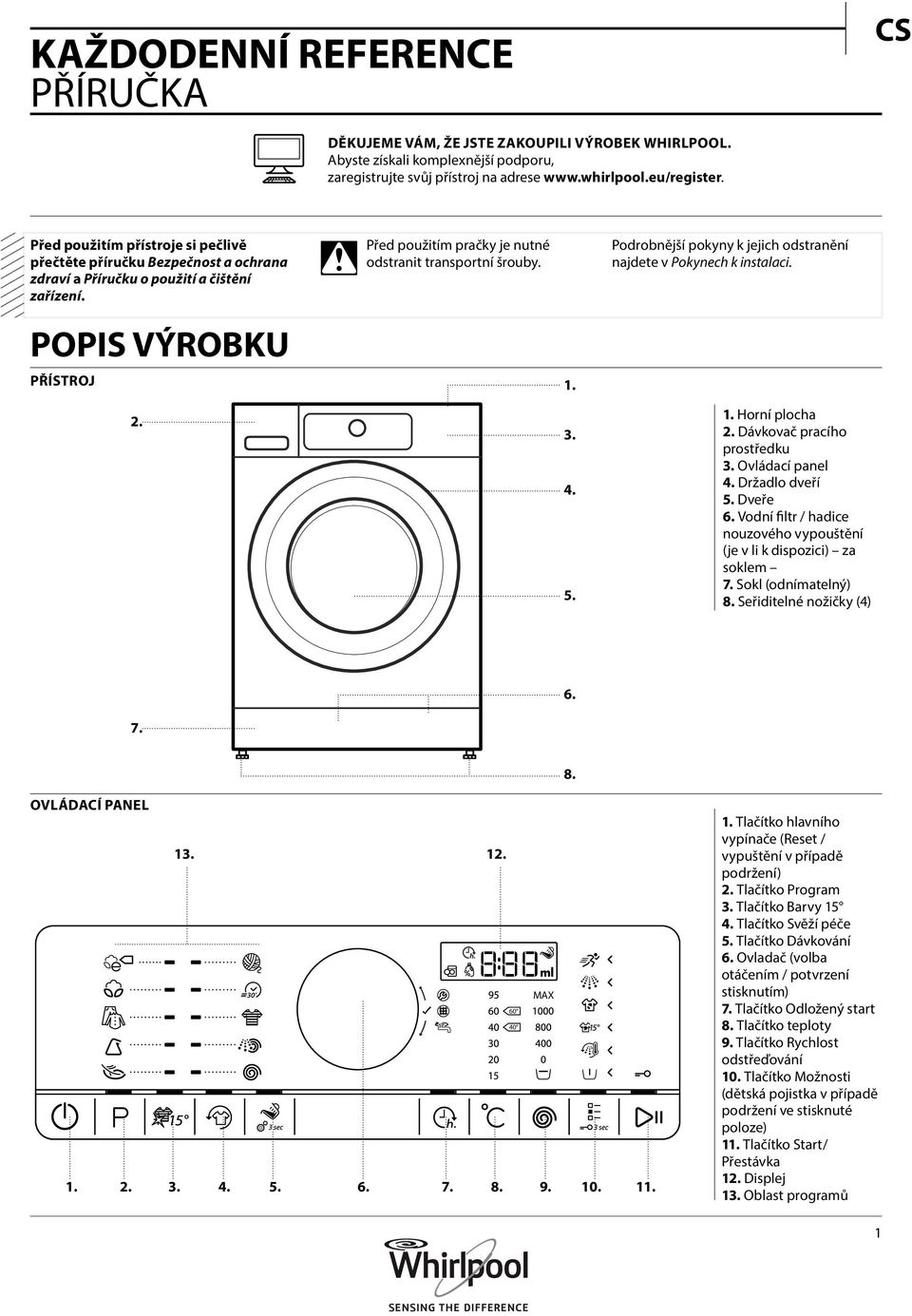 Podrobnější pokyny k jejich odstranění najdete v Pokynech k instalaci. POPIS VÝROBKU PŘÍSTROJ 2. 1. 3. 4. 5. 1. Horní plocha 2. Dávkovač pracího prostředku 3. Ovládací panel 4. Držadlo dveří 5.