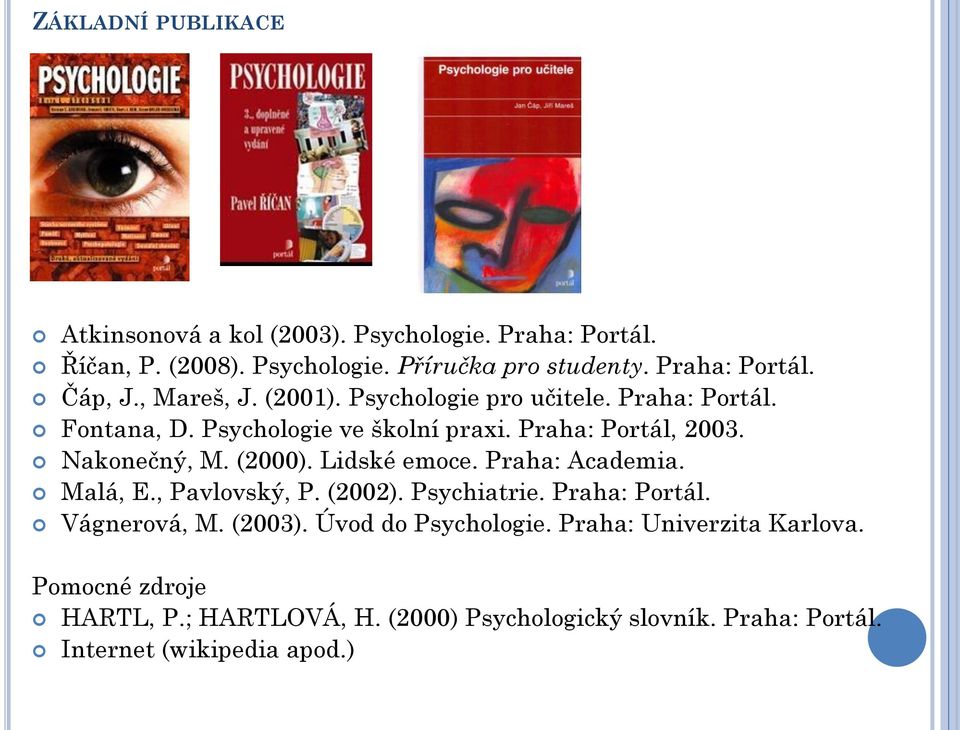 (2000). Lidské emoce. Praha: Academia. Malá, E., Pavlovský, P. (2002). Psychiatrie. Praha: Portál. Vágnerová, M. (2003). Úvod do Psychologie.