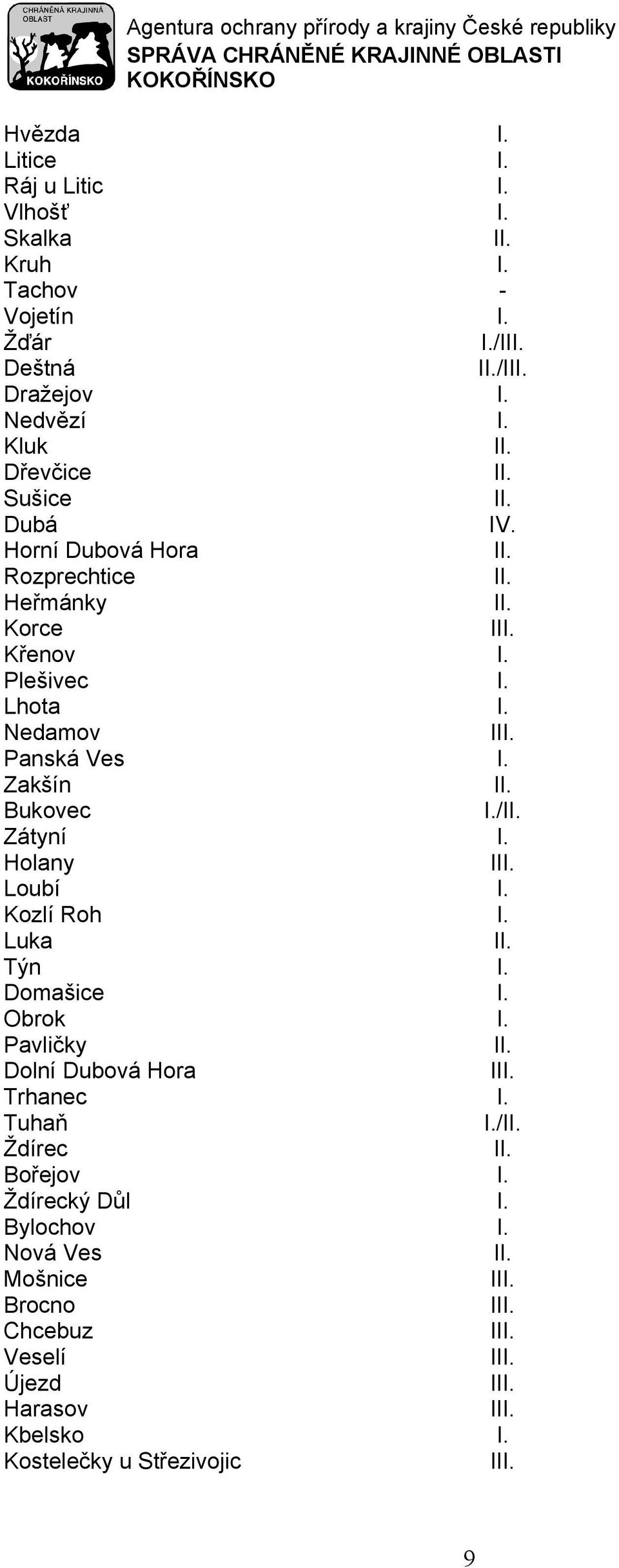 Zakšín Bukovec I./ Zátyní I. Holany I Loubí I. Kozlí Roh I. Luka Týn I. Domašice I. Obrok I. Pavličky Dolní Dubová Hora I Trhanec I.