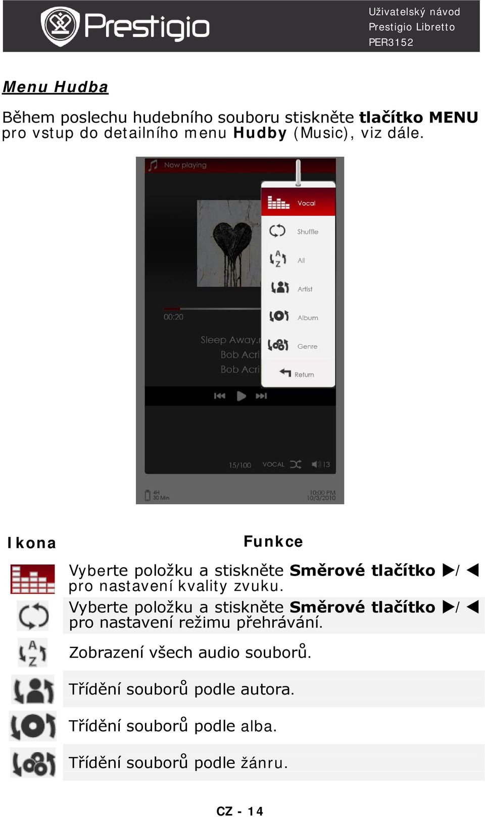 Ikona Funkce Vyberte položku a stiskněte Směrové tlačítko / pro nastavení kvality zvuku.