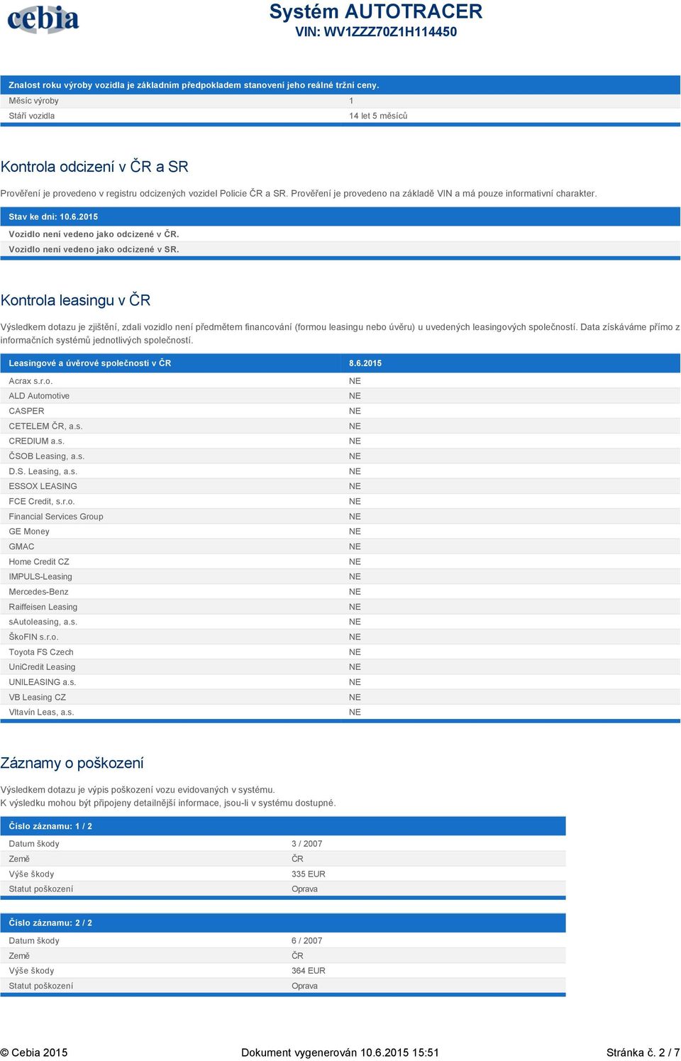 Prověření je provedeno na základě VIN a má pouze informativní charakter. Stav ke dni: 10.6.2015 Vozidlo není vedeno jako odcizené v ČR. Vozidlo není vedeno jako odcizené v SR.