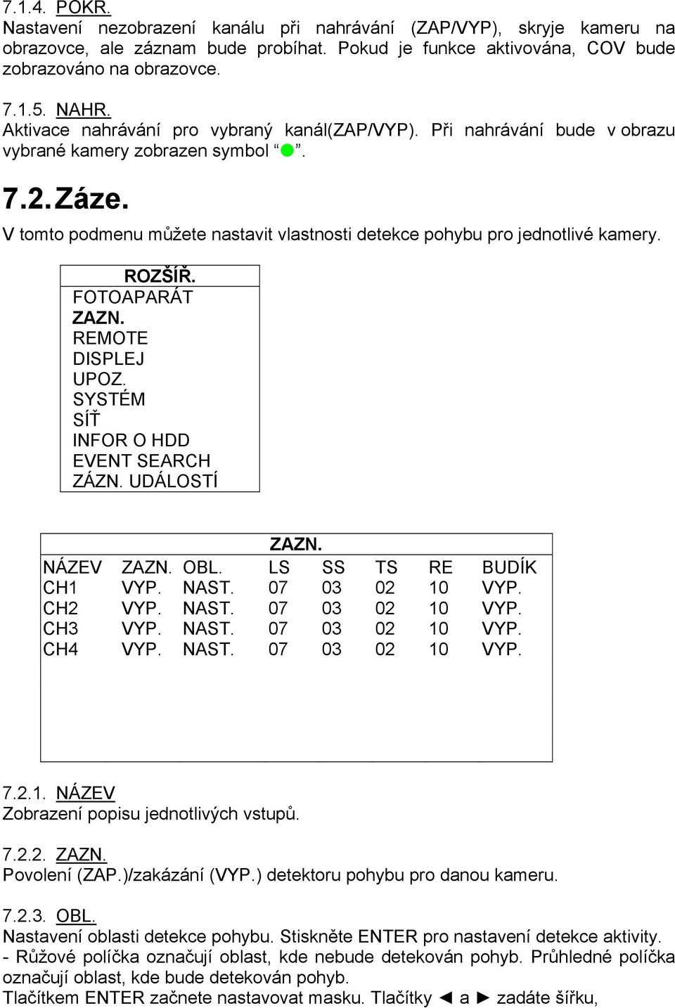 ROZŠÍŘ. FOTOAPARÁT ZAZN. REMOTE DISPLEJ UPOZ. SYSTÉM SÍŤ INFOR O HDD EVENT SEARCH ZÁZN. UDÁLOSTÍ ZAZN. NÁZEV ZAZN. OBL. LS SS TS RE BUDÍK CH1 VYP. NAST. 07 03 02 10 VYP. CH2 VYP. NAST. 07 03 02 10 VYP. CH3 VYP.