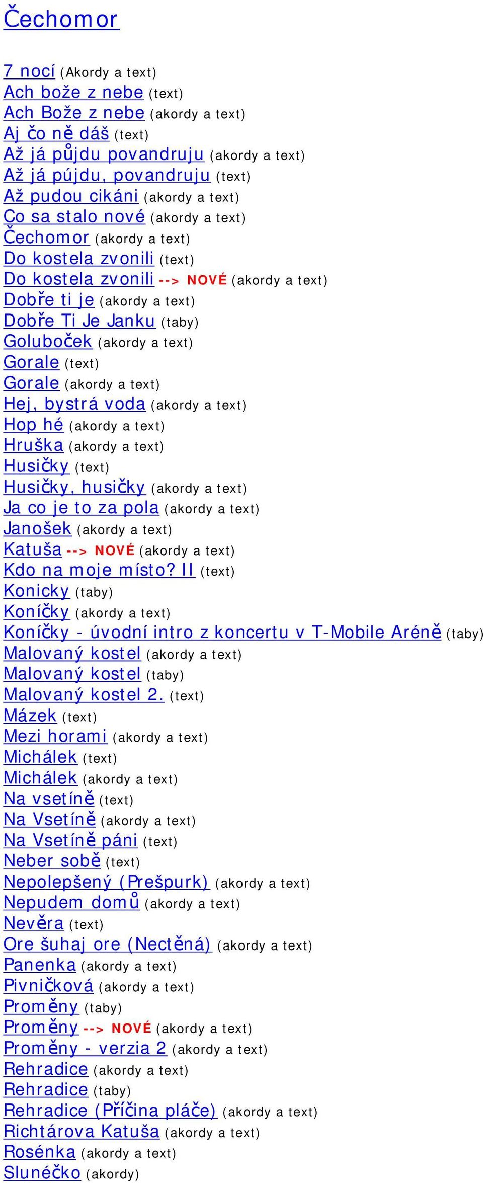 (akordy a text) Gorale (text) Gorale (akordy a text) Hej, bystrá voda (akordy a text) Hop hé (akordy a text) Hruška (akordy a text) Husi ky (text) Husi ky, husi ky (akordy a text) Ja co je to za pola