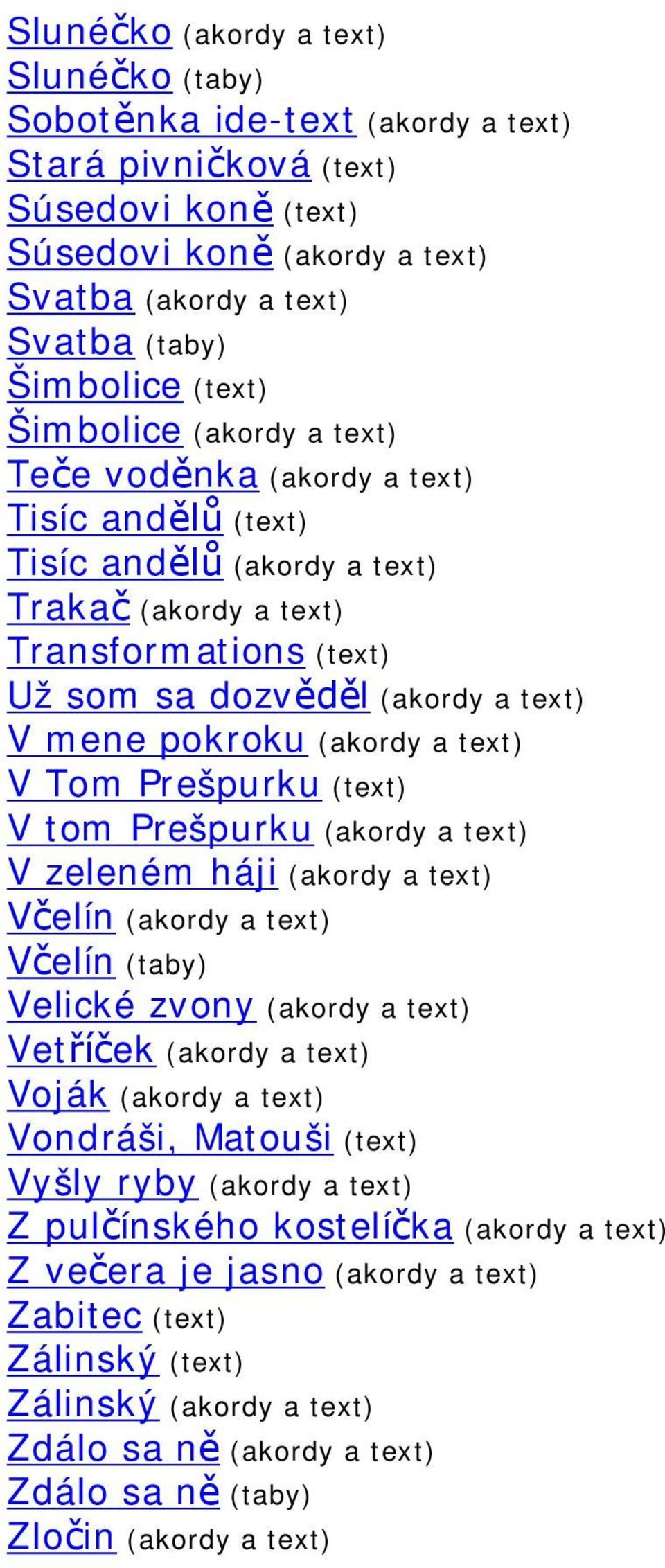 (akordy a text) V Tom Prešpurku (text) V tom Prešpurku (akordy a text) V zeleném háji (akordy a text) elín (akordy a text) elín (taby) Velické zvony (akordy a text) Vet ek (akordy a text) Voják