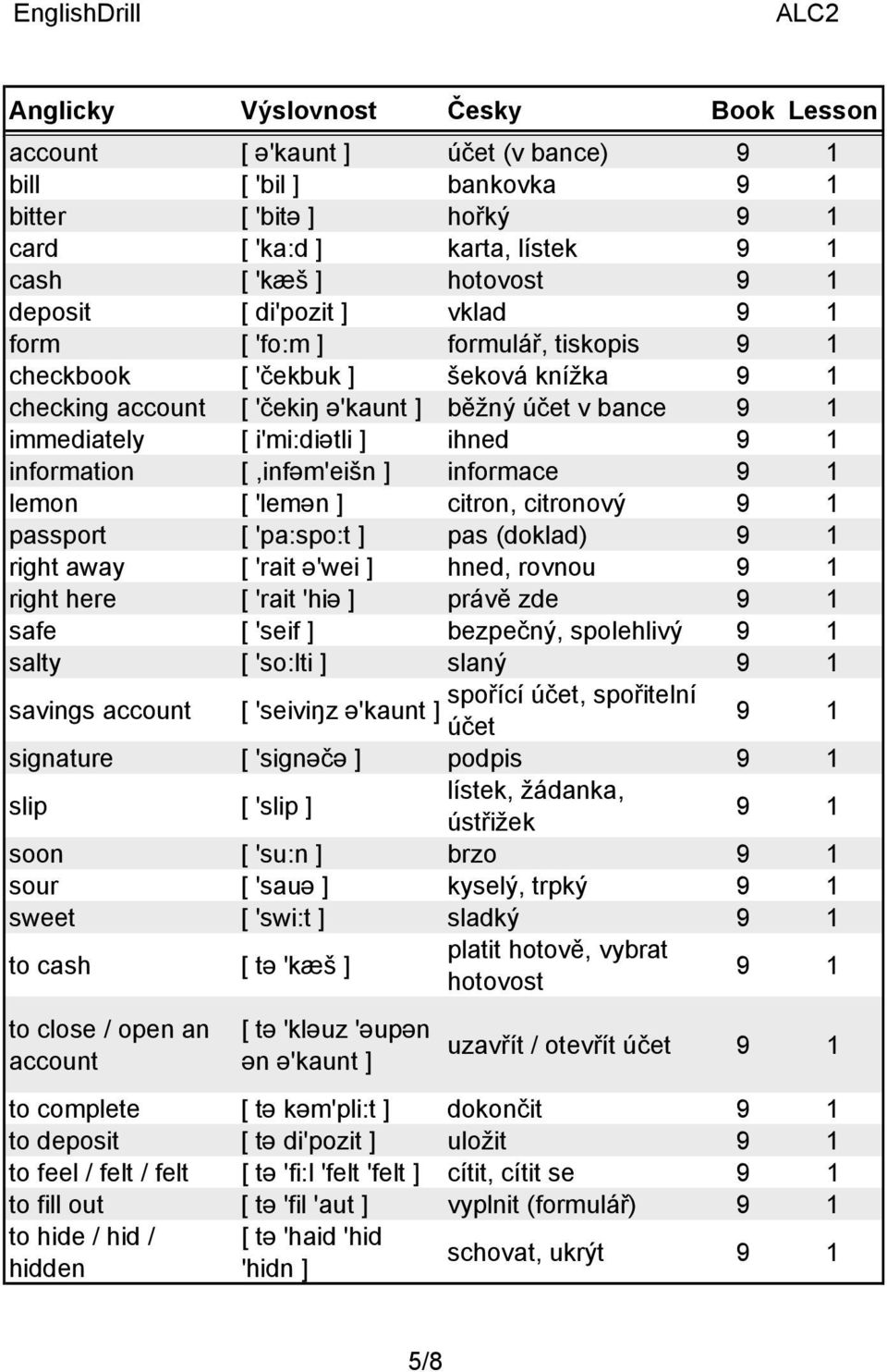 passport [ 'pa:spo:t ] pas (doklad) right away [ 'rait ə'wei ] hned, rovnou right here [ 'rait 'hiə ] právě zde safe [ 'seif ] bezpečný, spolehlivý salty [ 'so:lti ] slaný savings account spořící
