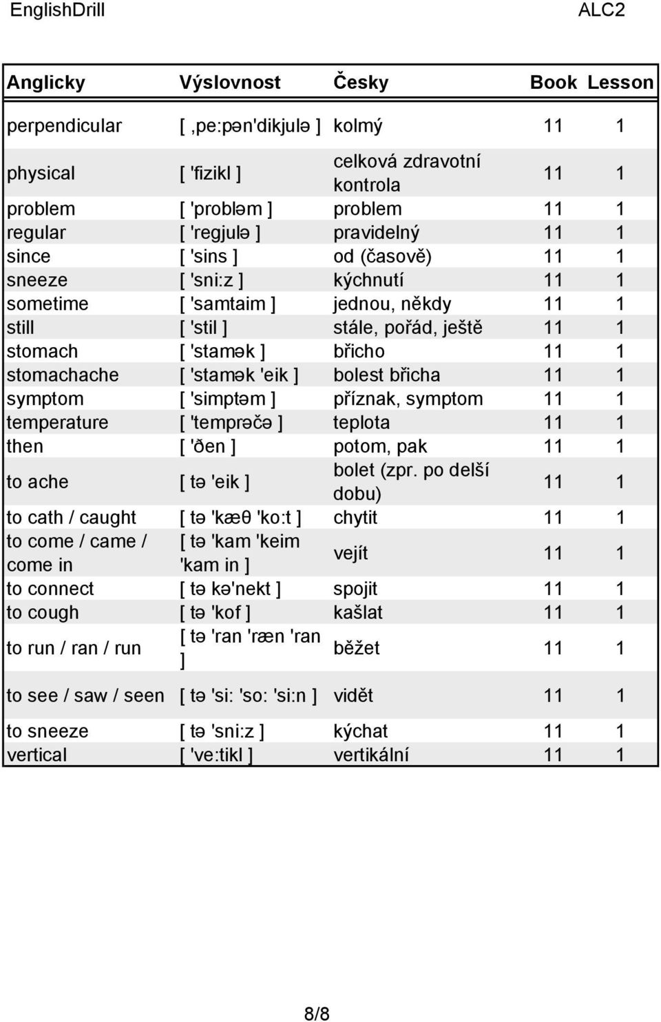 temperature [ 'temprəčə ] teplota then [ 'ðen ] potom, pak to ache [ tə 'eik ] bolet (zpr.