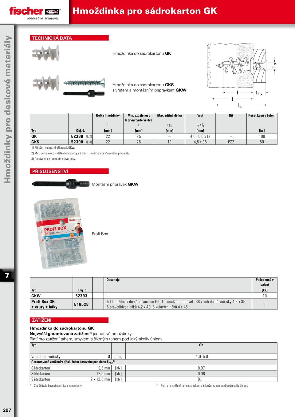 [mm] [mm] [mm] [mm] [ks] GK 52389 1), 22 25 4,0-5,0 x Ls 100 GKS 52390 1), 3) 22 25 13 4,5 x 35 PZ2 50 1) Přiložen montážní přípravek GKW. Min.