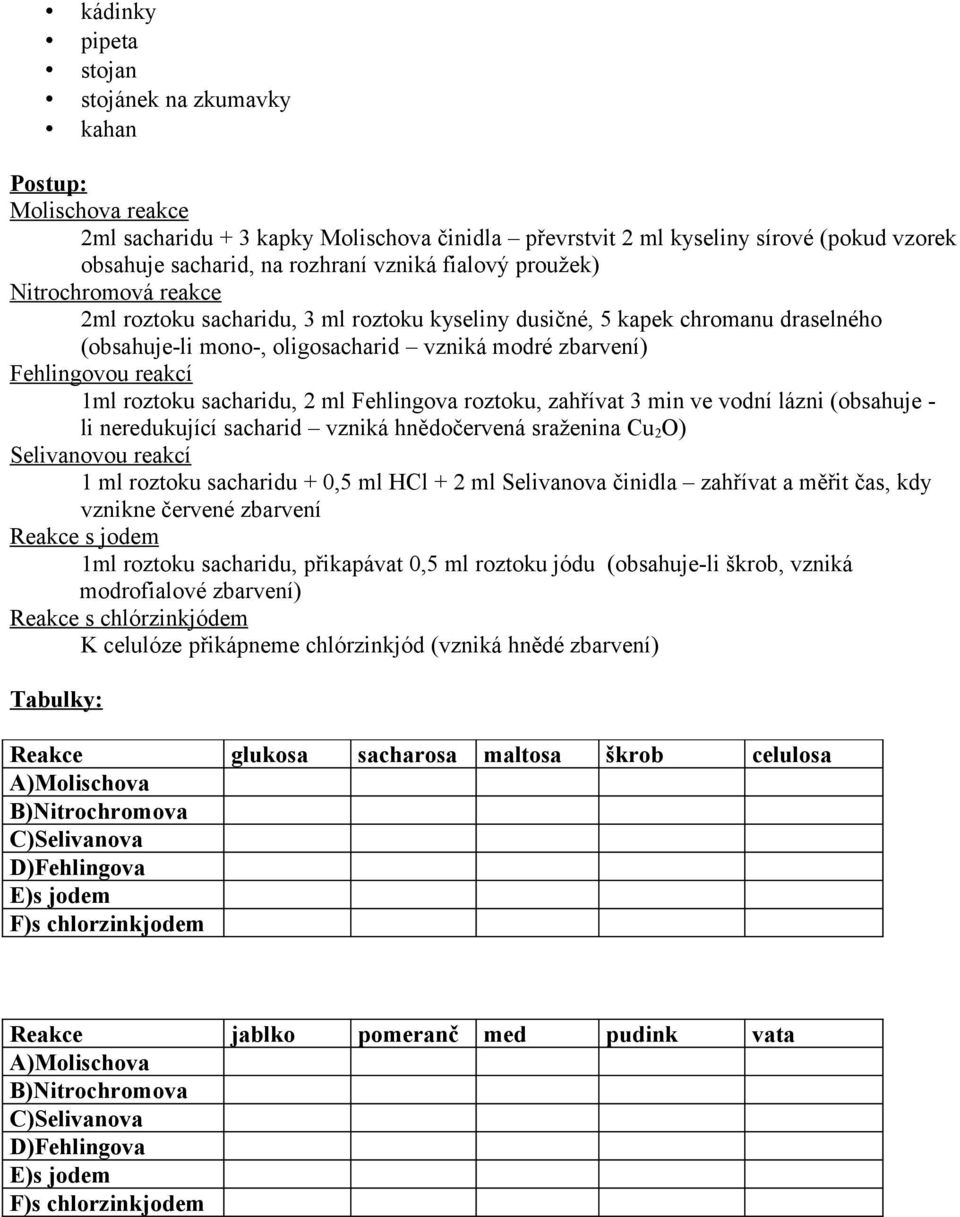 roztoku sacharidu, 2 ml Fehlingova roztoku, zahřívat 3 min ve vodní lázni (obsahuje - li neredukující sacharid vzniká hnědočervená sraženina Cu 2 O) Selivanovou reakcí 1 ml roztoku sacharidu + 0,5 ml