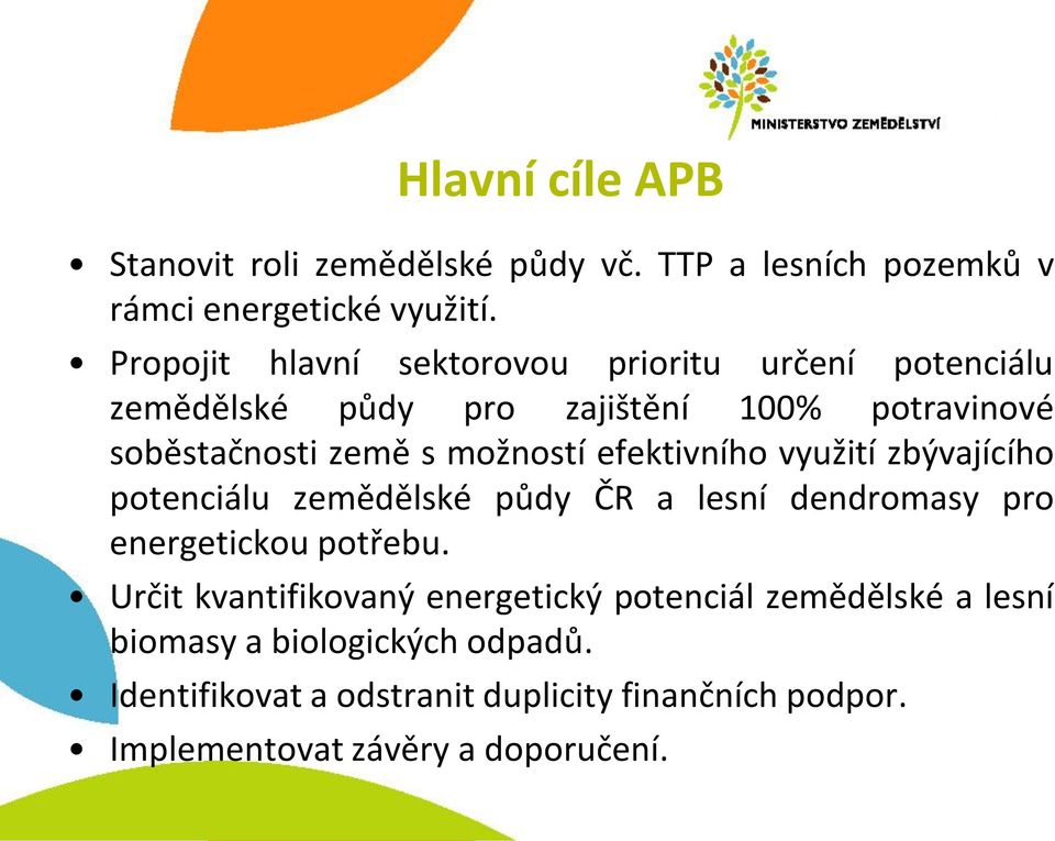 efektivního využití zbývajícího potenciálu zemědělské půdy ČR a lesní dendromasy pro energetickou potřebu.