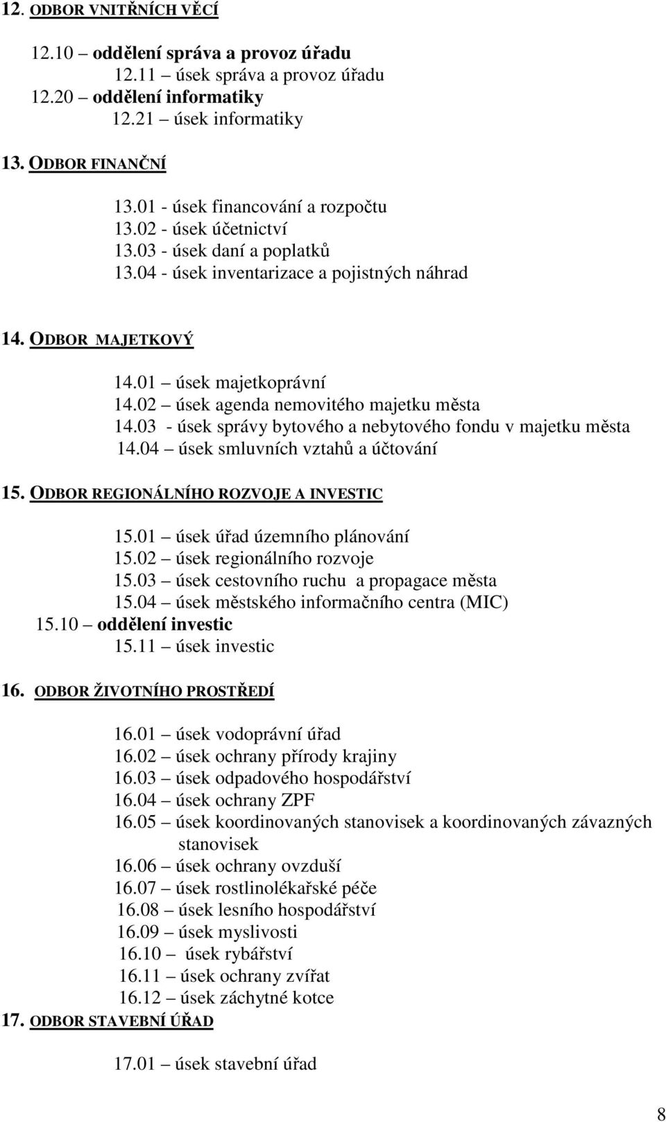 02 úsek agenda nemovitého majetku města 14.03 - úsek správy bytového a nebytového fondu v majetku města 14.04 úsek smluvních vztahů a účtování 15. ODBOR REGIONÁLNÍHO ROZVOJE A INVESTIC 15.