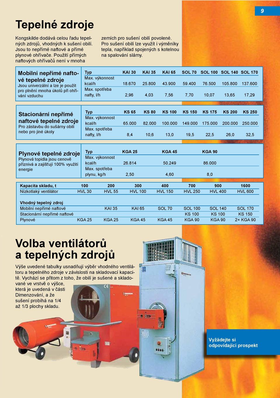 9 Mobilní nepřímé naftové tepelné zdroje Jsou univerzální a lze je použít pro plnění mnoha úkolů při ohřívání vzduchu Typ KAI 30 KAI 35 KAI 65 SOL 70 SOL 100 SOL 140 SOL 170 Max. výkonnost kcal/h 18.