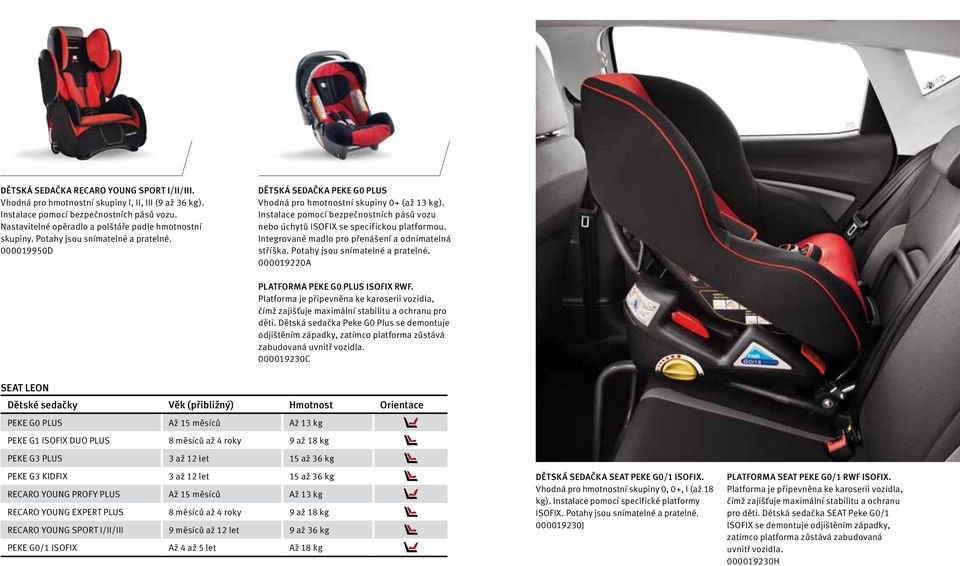 Instalace pomocí bezpečnostních pásů vozu nebo úchytů ISOFIX se specifickou platformou. Integrované madlo pro přenášení a odnímatelná stříška. Potahy jsou snímatelné a pratelné.