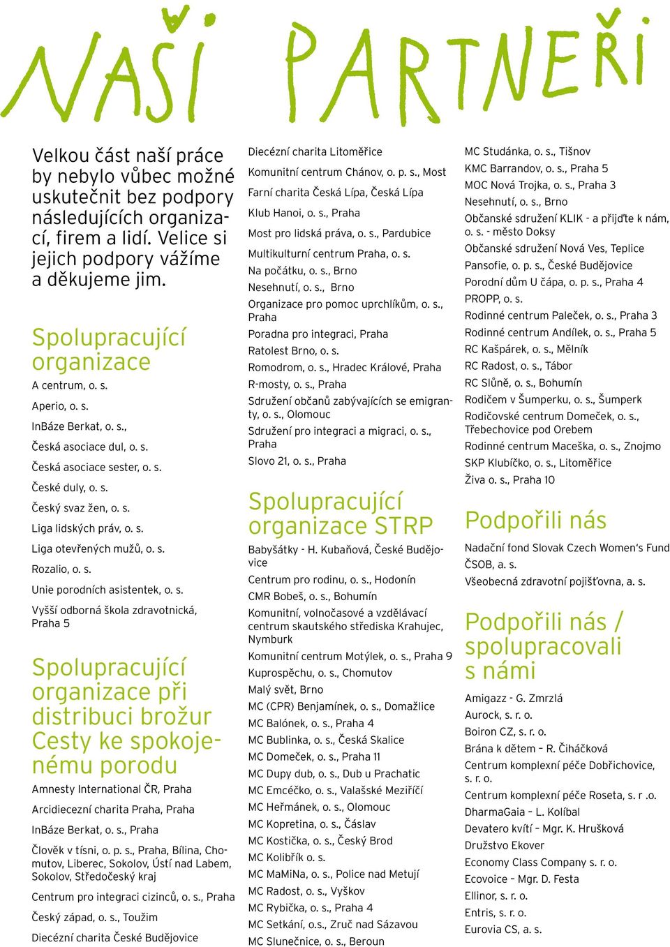 s. Vyšší odborná škola zdravotnická, Praha 5 Spolupracující organizace při distribuci brožur Cesty ke spokojenému porodu Amnesty International ČR, Praha Arcidiecezní charita Praha, Praha InBáze