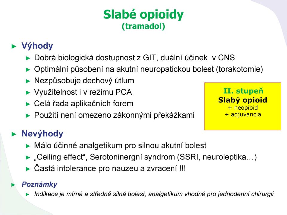 Nevýhody Málo účinné analgetikum pro silnou akutní bolest Ceiling effect, Serotoninergní syndrom (SSRI, neuroleptika ) Častá intolerance pro