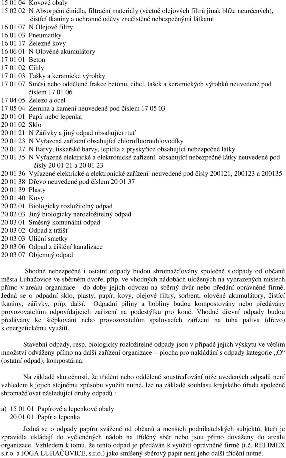 cihel, tašek a keramických výrobků neuvedené pod číslem 17 01 06 17 04 05 Železo a ocel 17 05 04 Zemina a kamení neuvedené pod číslem 17 05 03 20 01 01 Papír nebo lepenka 20 01 02 Sklo 20 01 21 N