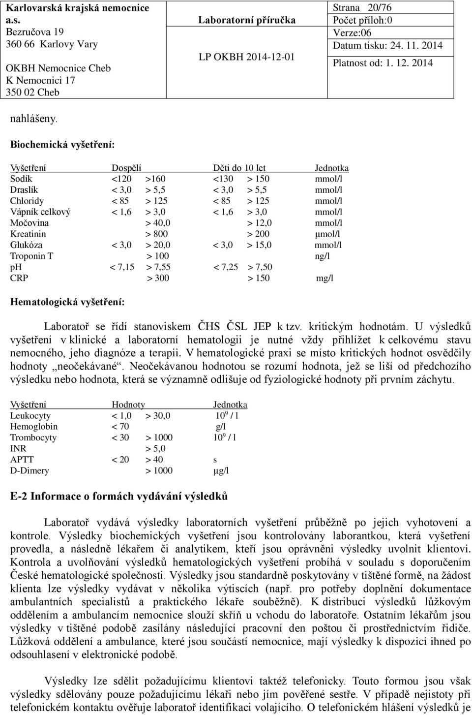 celkový < 1,6 > 3,0 < 1,6 > 3,0 mmol/l Močovina > 40,0 > 12,0 mmol/l Kreatinin > 800 > 200 μmol/l Glukóza < 3,0 > 20,0 < 3,0 > 15,0 mmol/l Troponin T > 100 ng/l ph < 7,15 > 7,55 < 7,25 > 7,50 CRP >