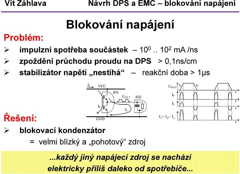 nestíhá reakční doba > 1μs Řešení: blokovací kondenzátor = velmi blízký a