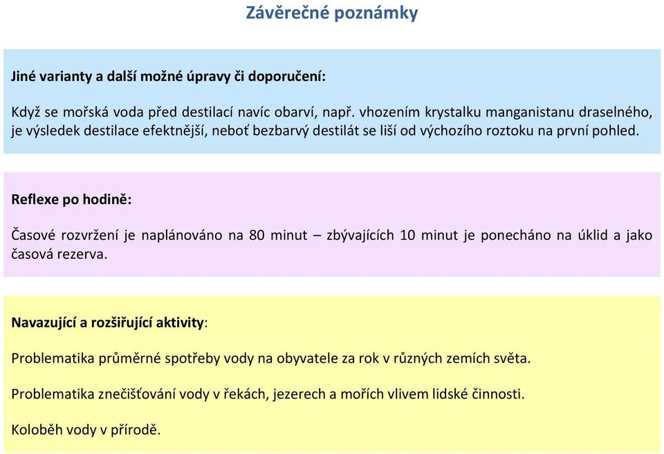 Reflexe po hodině: Časové rozvržení je naplánováno na 80 minut zbývajících 10 minut je ponecháno na úklid a jako časová rezerva.