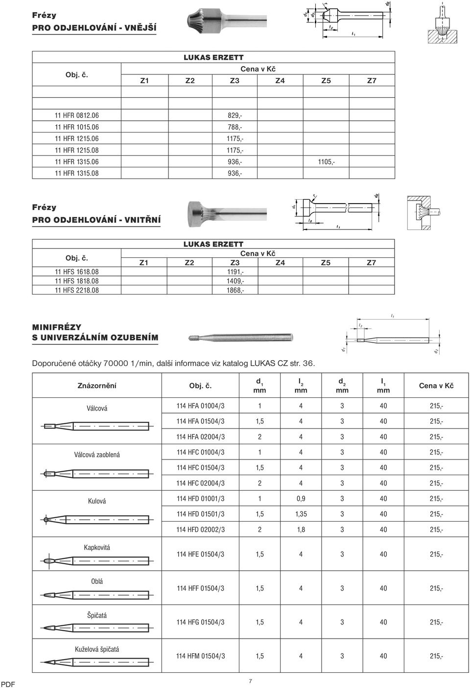 08 1868,- MINIFRÉZY S UNIVERZÁLNÍM OZUBENÍM Doporučené otáčky 70000 1/min, další informace viz katalog LUKAS CZ str. 36.