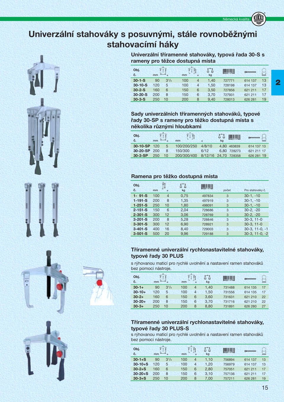 728013 626 281 19 2 Sady univerzálních tříramenných stahováků, typové řady 30-SP s rameny pro těžko dostupná místa s několika různými hloubkami č.