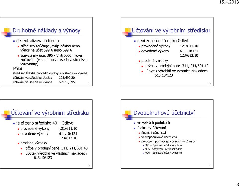 20 účtování ve středisku Výroba 599.10/395 12 Účtování ve výrobním středisku není zřízeno středisko Odbyt provedené výkony 121/611.10 odvedené výkony 611.10/121 123/613.