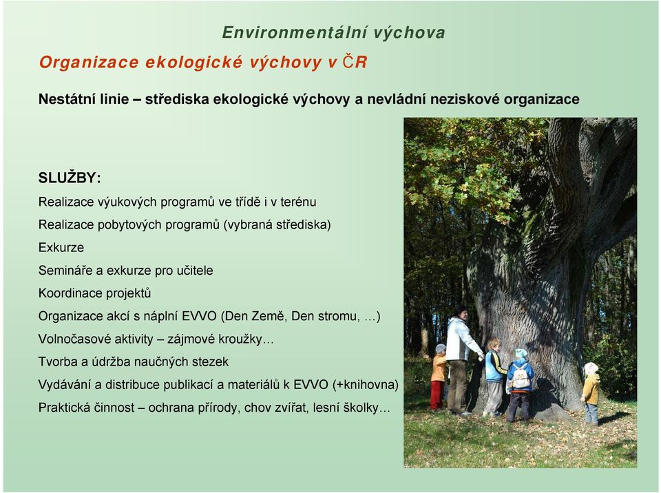 Koordinace projektů Organizace akcí s náplní EVVO (Den Země, Den stromu, ) Volnočasové aktivity zájmové kroužky Tvorba a údržba