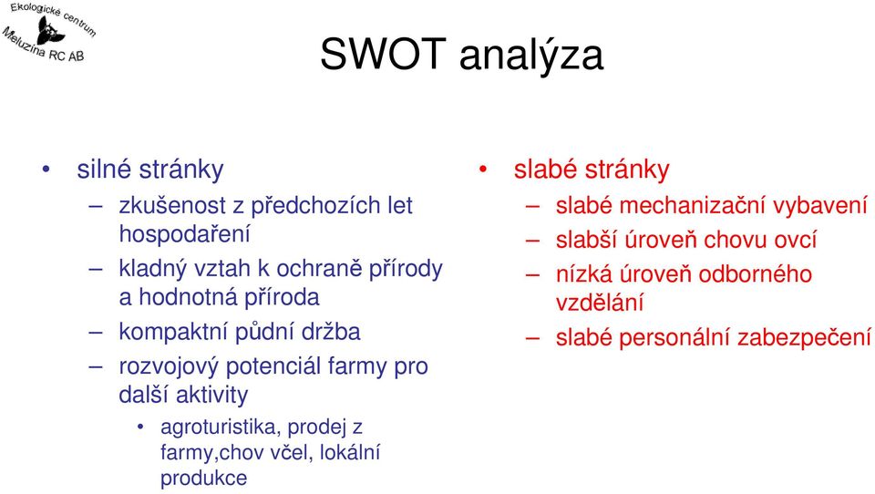 aktivity agroturistika, prodej z farmy,chov včel, lokální produkce slabé stránky slabé