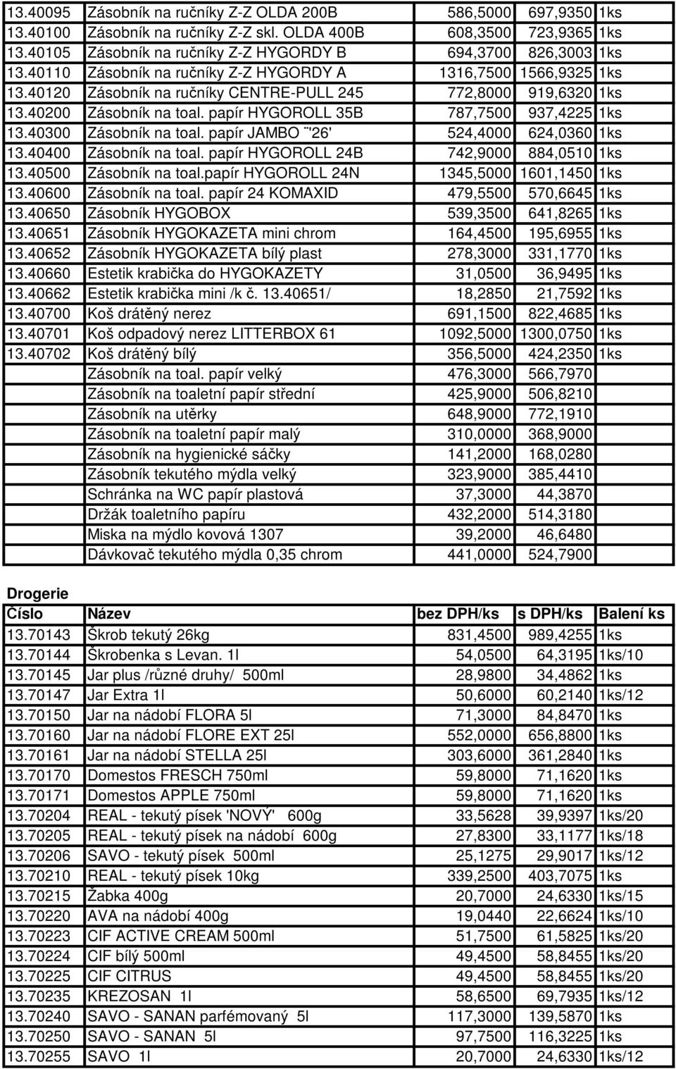 40200 Zásobník na toal. papír HYGOROLL 35B 787,7500 937,4225 1ks 13.40300 Zásobník na toal. papír JAMBO '26' 524,4000 624,0360 1ks 13.40400 Zásobník na toal.